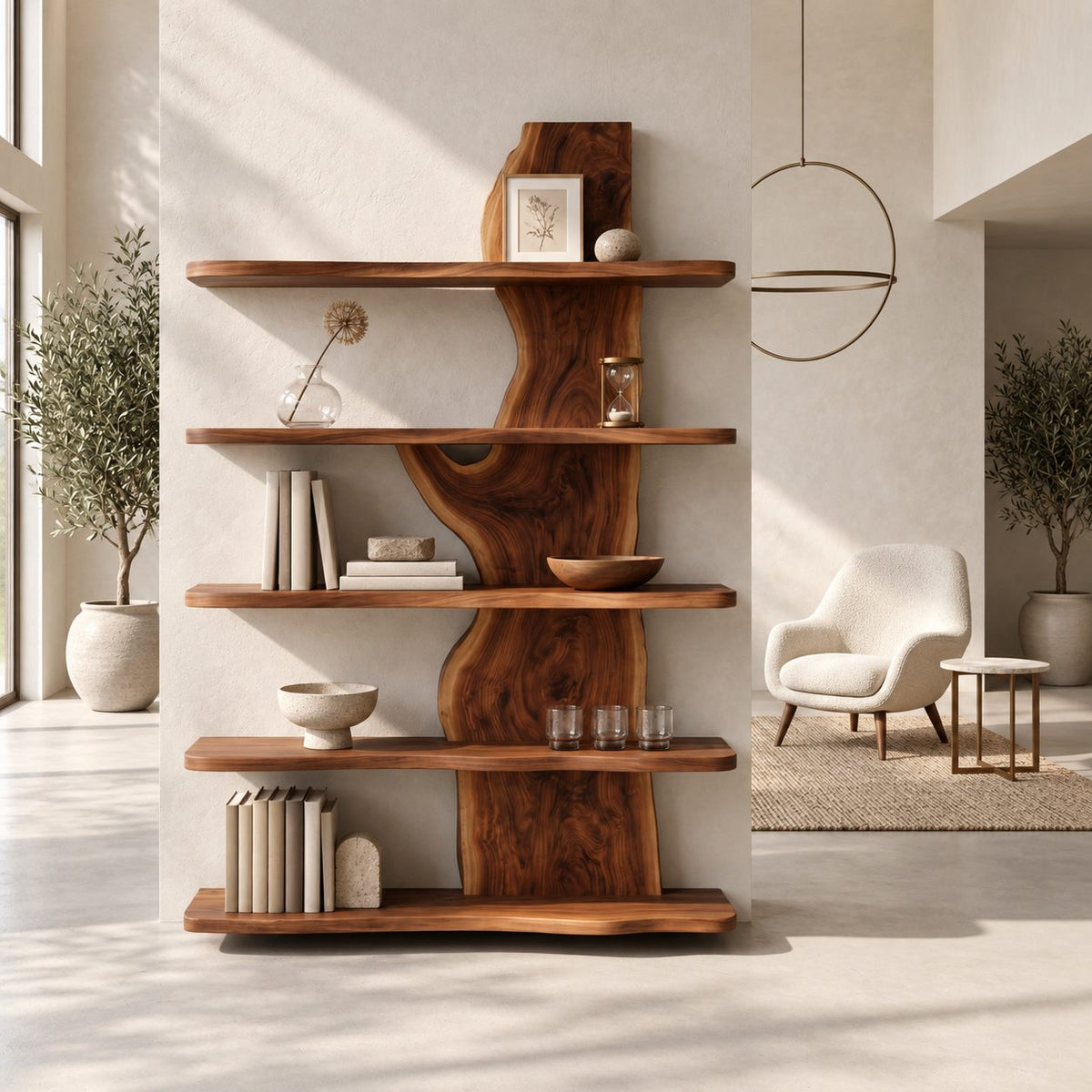 Live Edge Bookshelf, Standing Slab Spine Shelf with Long Shelves Reaching Both Ways for Living Room