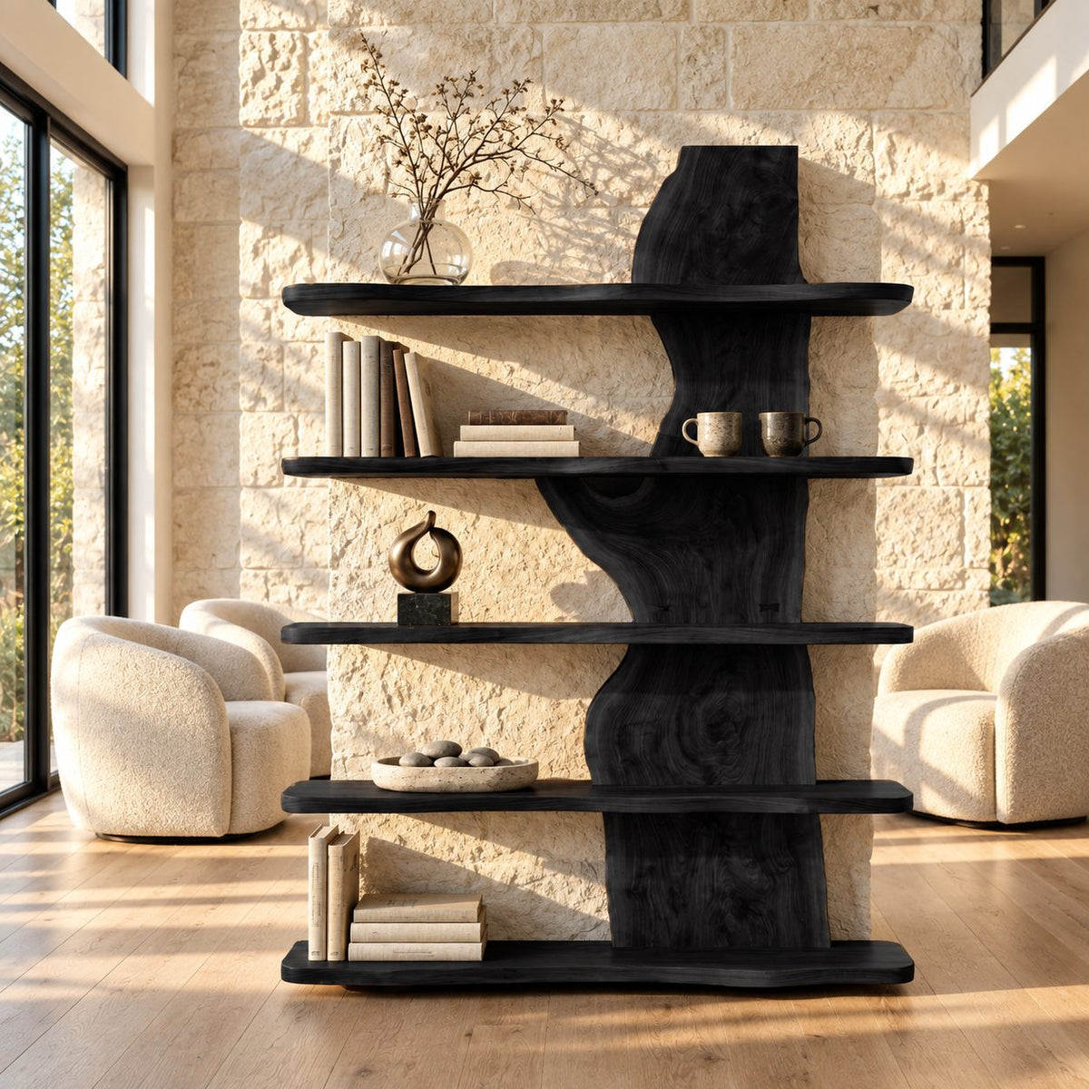 Live Edge Bookshelf, Standing Slab Spine Shelf with Long Shelves Reaching Both Ways for Living Room
