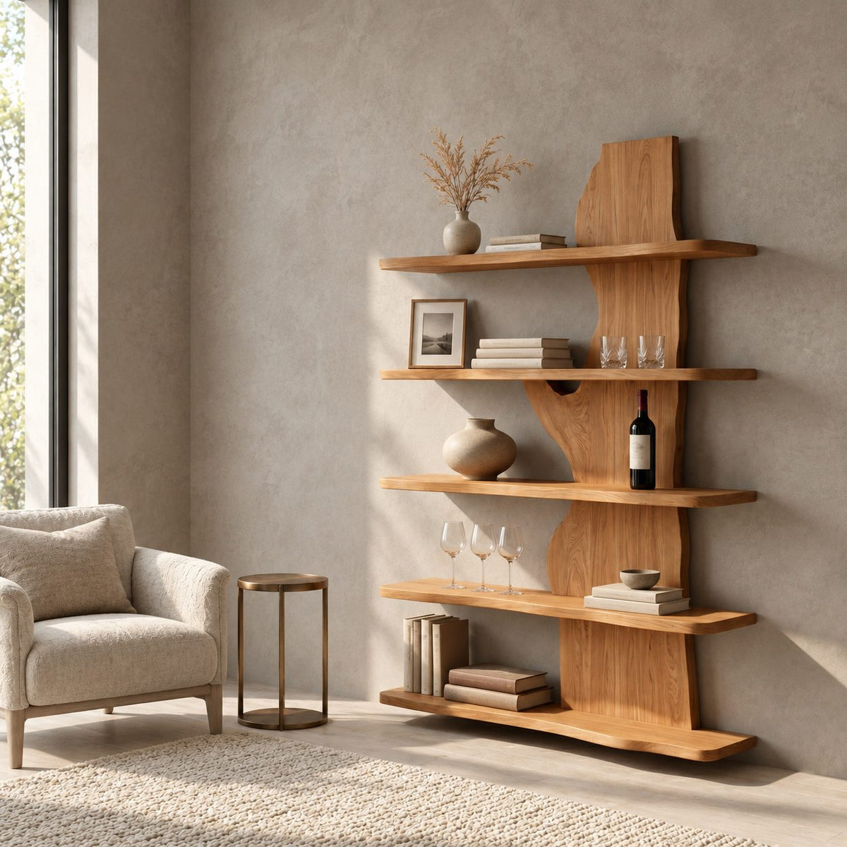 Live Edge Bookshelf, Standing Slab Spine Shelf with Long Shelves Reaching Both Ways for Living Room