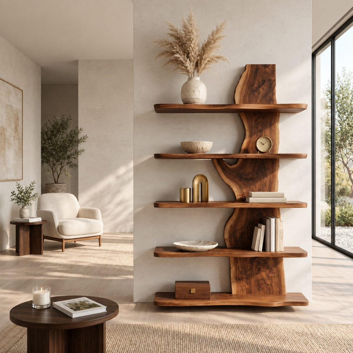 Live Edge Bookshelf, Standing Slab Spine Shelf with Long Shelves Reaching Both Ways for Living Room