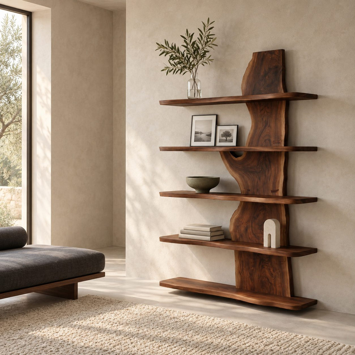 Live Edge Bookshelf, Standing Slab Spine Shelf with Long Shelves Reaching Both Ways for Living Room