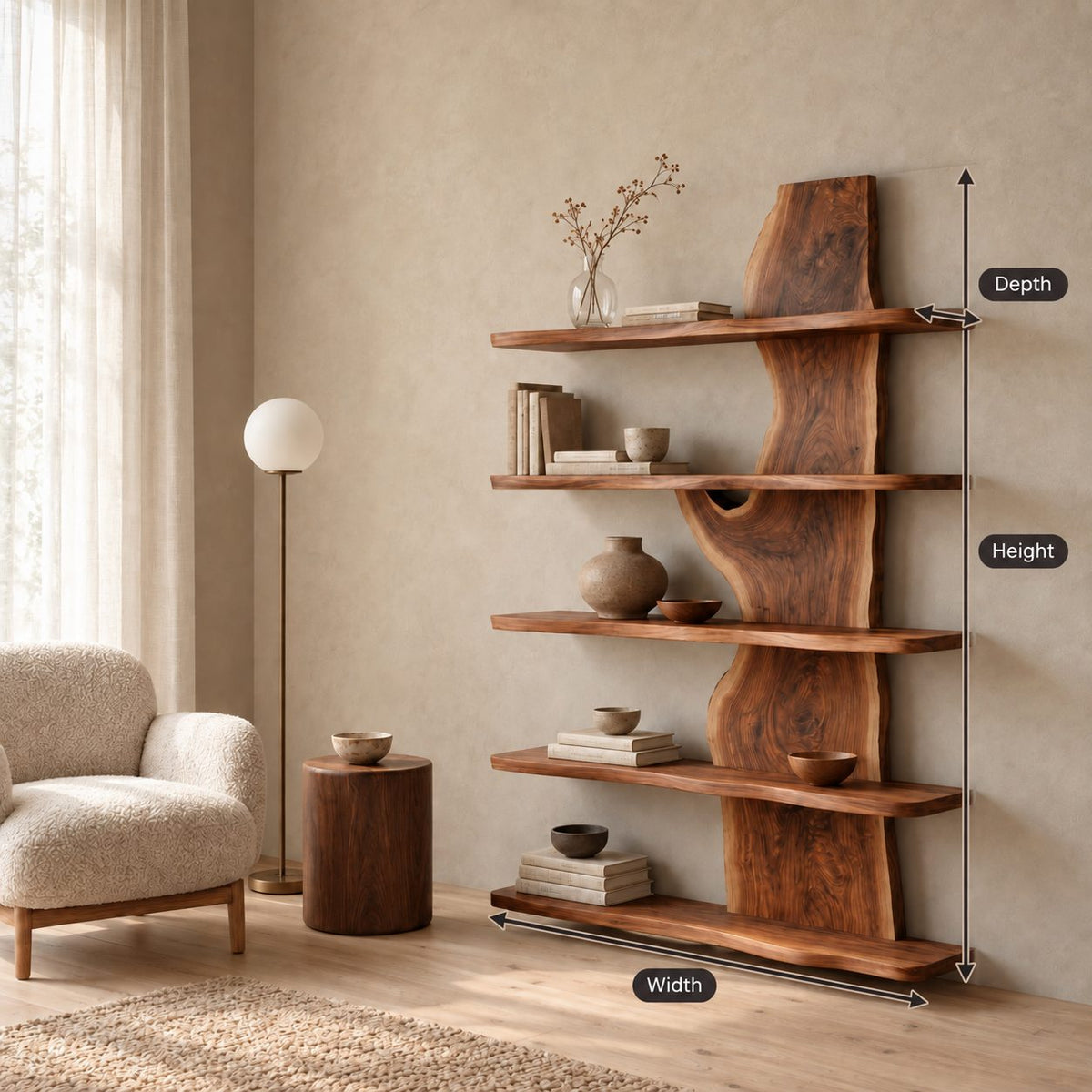 Live Edge Bookshelf, Standing Slab Spine Shelf with Long Shelves Reaching Both Ways for Living Room