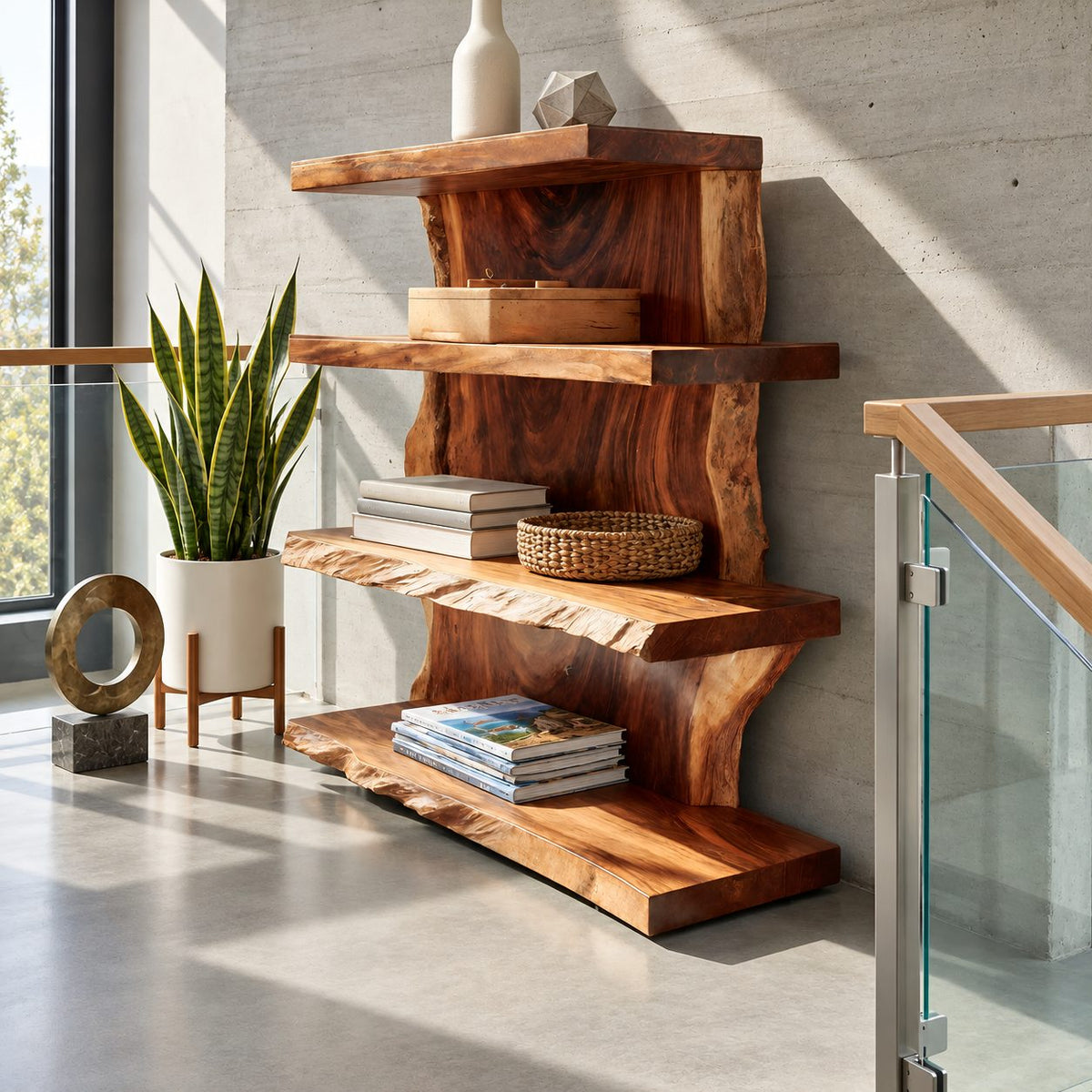 Live Edge Standing Bookshelf, 4 Tier Solid Wood Slab Bookcase with Staggered Uprights for Living Room