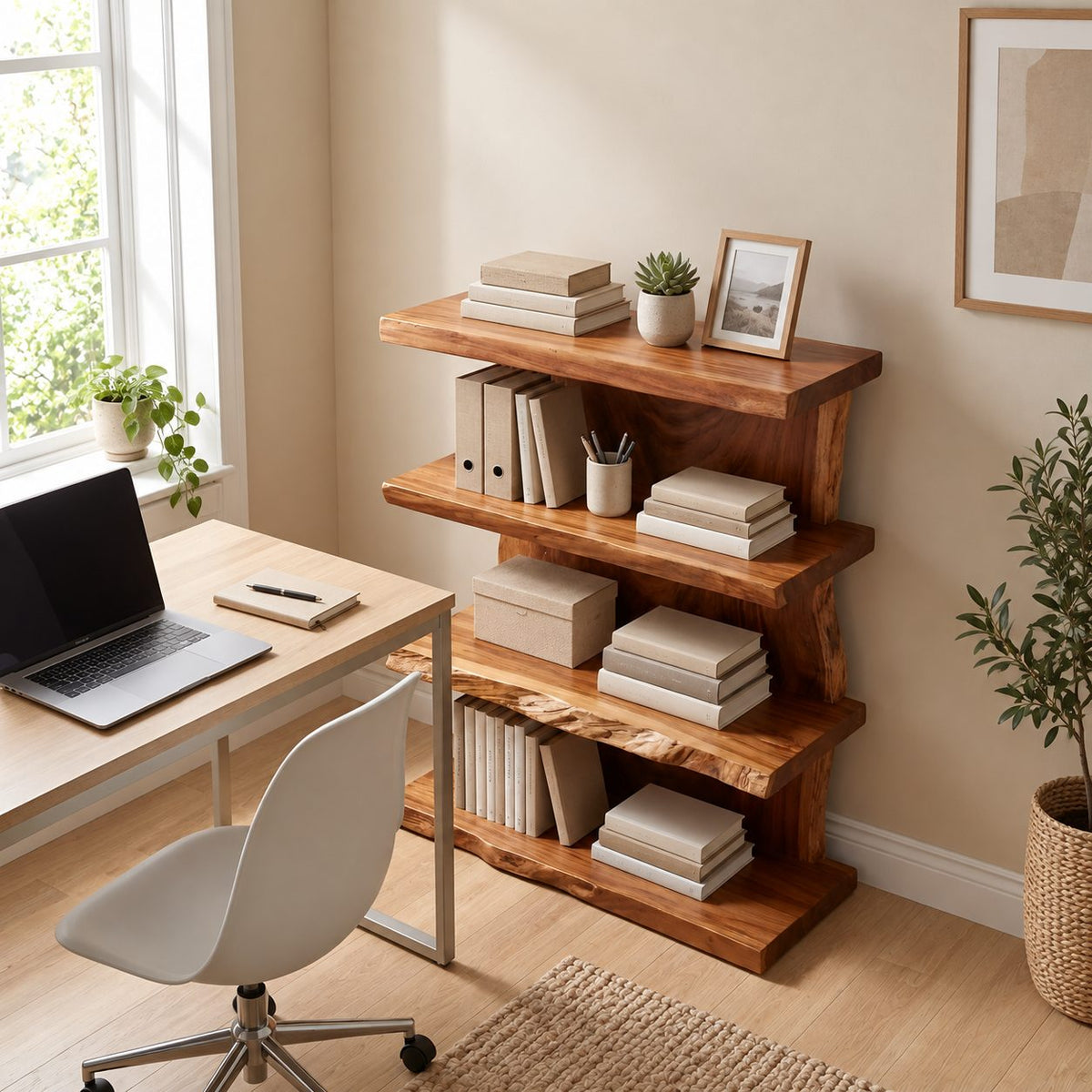 Live Edge Standing Bookshelf, 4 Tier Solid Wood Slab Bookcase with Staggered Uprights for Living Room