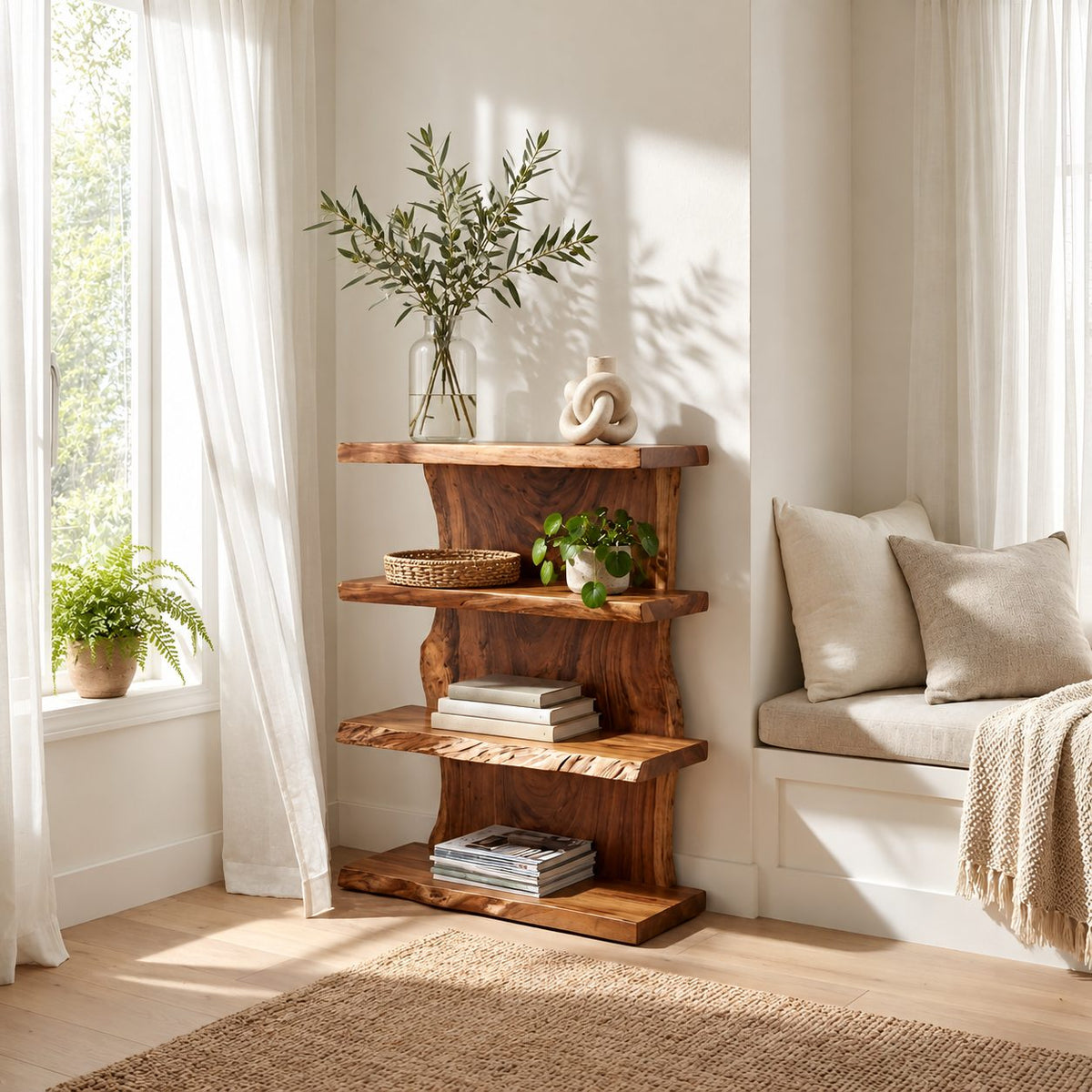 Live Edge Standing Bookshelf, 4 Tier Solid Wood Slab Bookcase with Staggered Uprights for Living Room