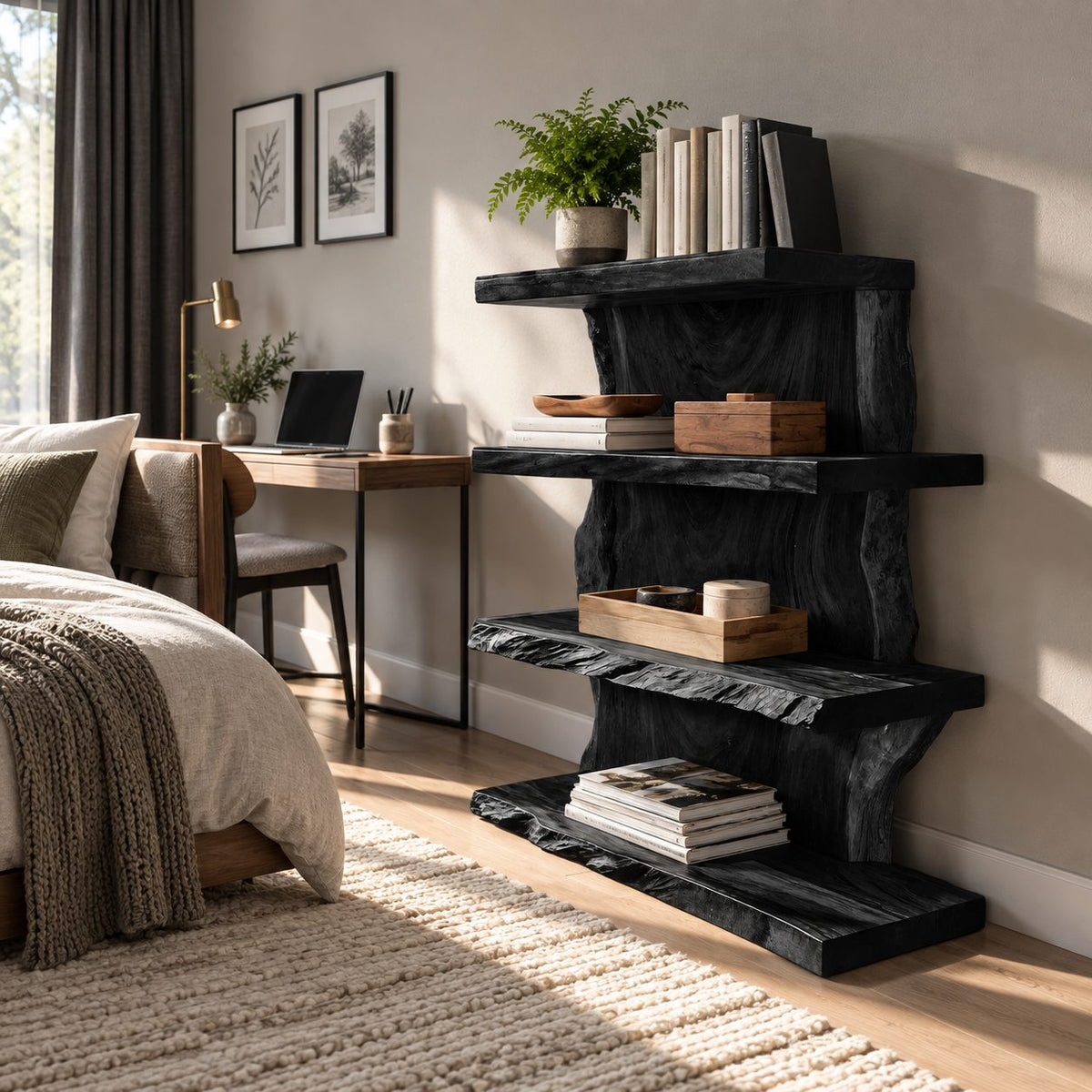 Live Edge Standing Bookshelf, 4 Tier Solid Wood Slab Bookcase with Staggered Uprights for Living Room