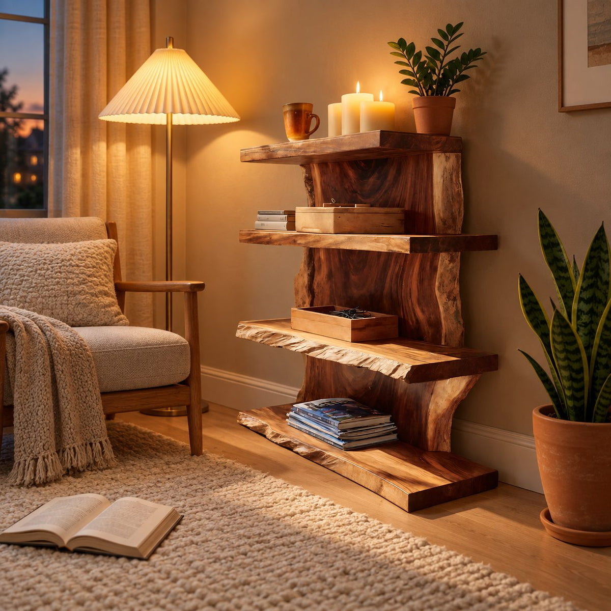 Live Edge Standing Bookshelf, 4 Tier Solid Wood Slab Bookcase with Staggered Uprights for Living Room