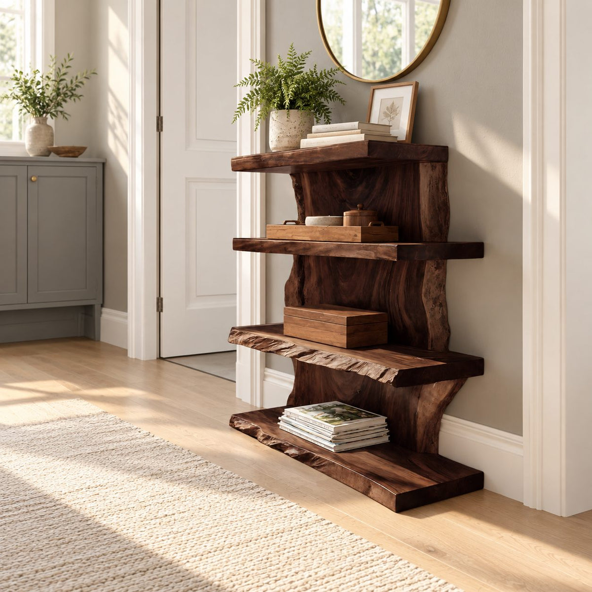 Live Edge Standing Bookshelf, 4 Tier Solid Wood Slab Bookcase with Staggered Uprights for Living Room