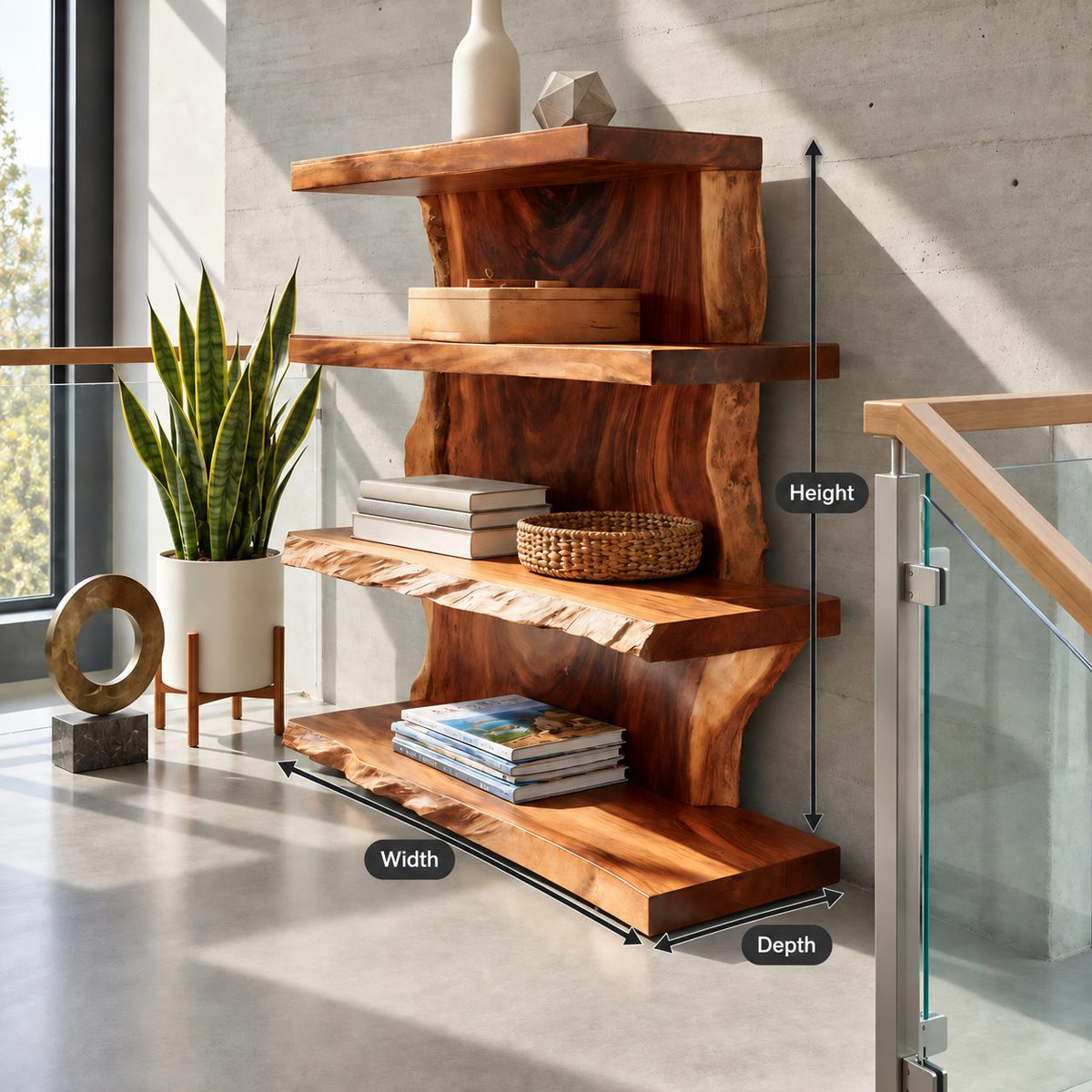 Live Edge Standing Bookshelf, 4 Tier Solid Wood Slab Bookcase with Staggered Uprights for Living Room