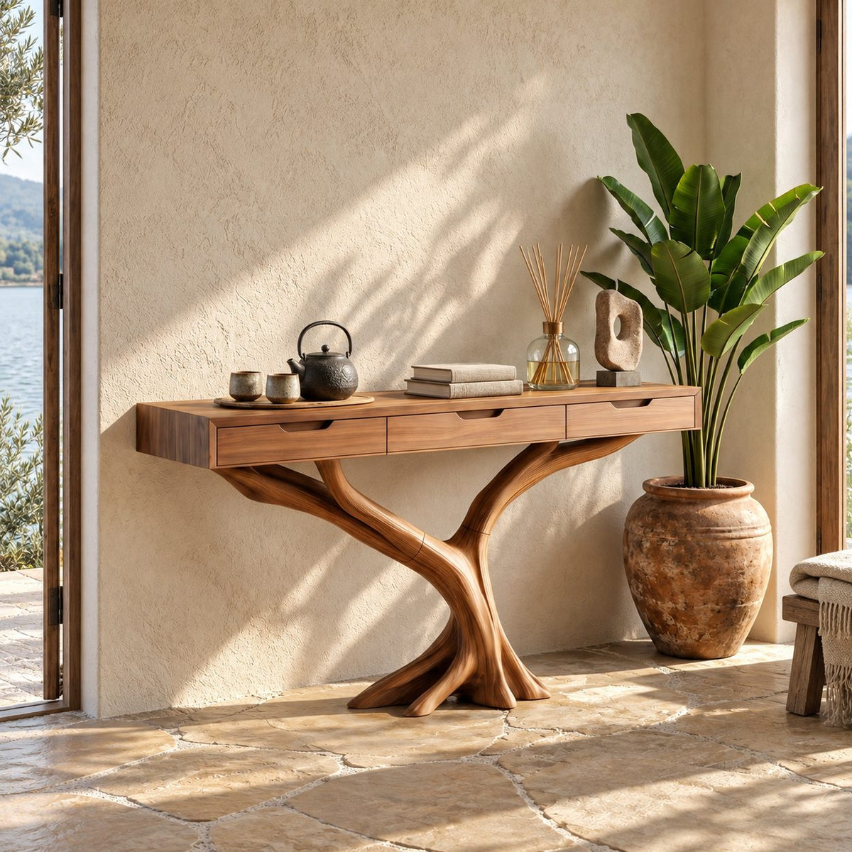 Console Table with Drawers on Y-Shaped Tree Branch Legs, Slim Solid Wood Entryway Table with Storage