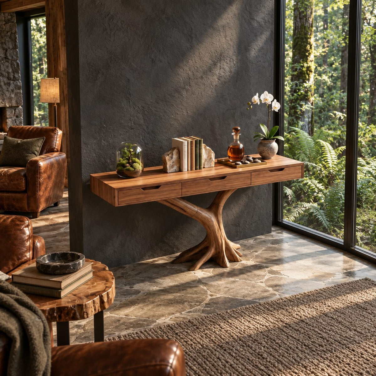 Console Table with Drawers on Y-Shaped Tree Branch Legs, Slim Solid Wood Entryway Table with Storage