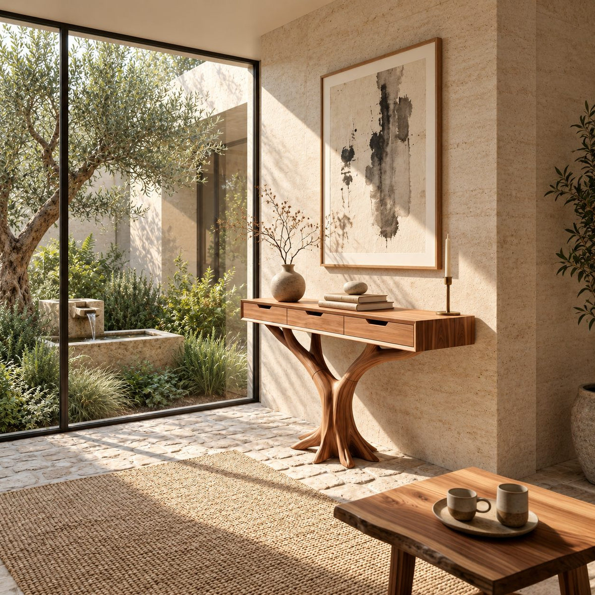 Console Table with Drawers on Y-Shaped Tree Branch Legs, Slim Solid Wood Entryway Table with Storage