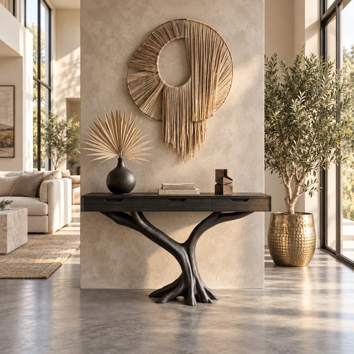 Console Table with Drawers on Y-Shaped Tree Branch Legs, Slim Solid Wood Entryway Table with Storage