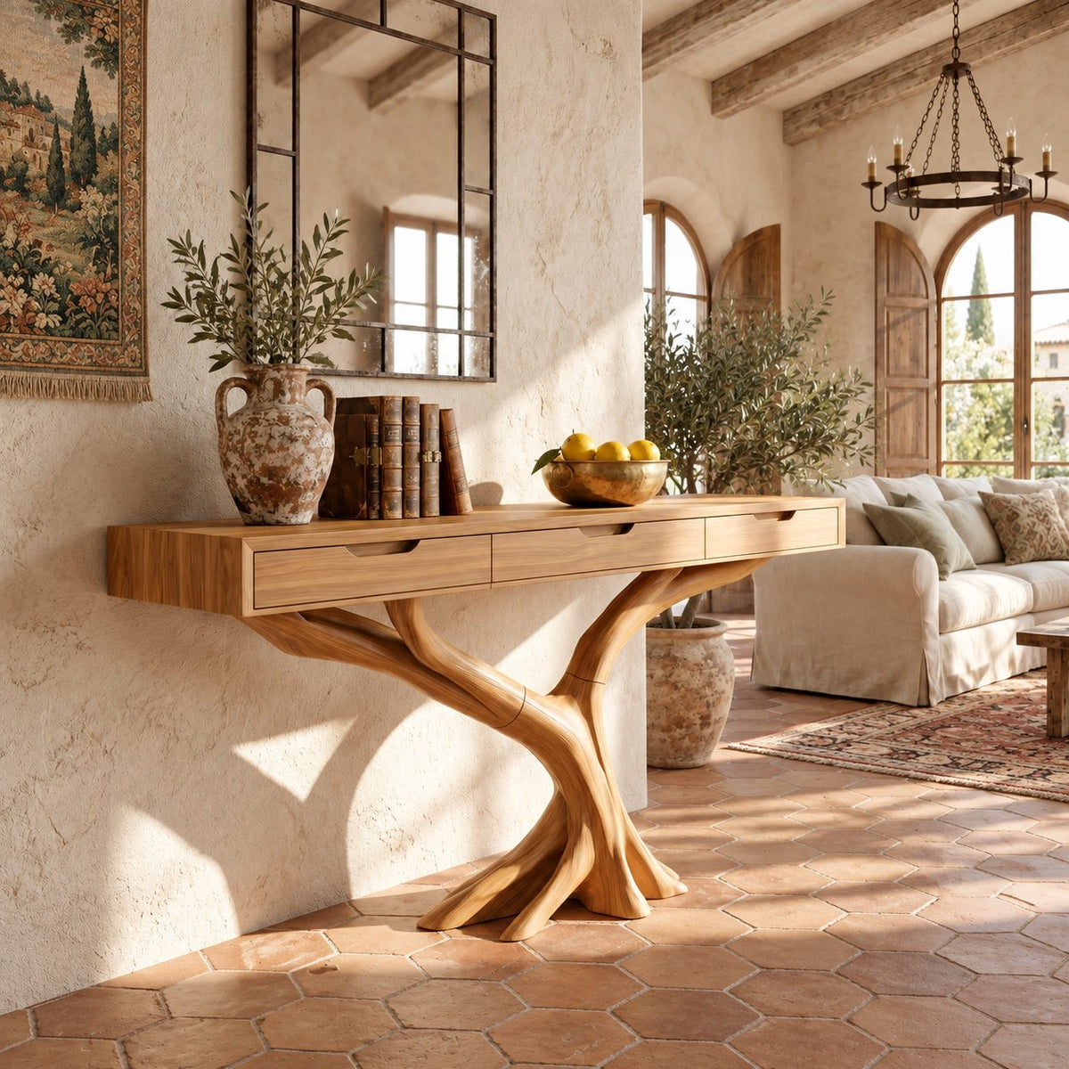 Console Table with Drawers on Y-Shaped Tree Branch Legs, Slim Solid Wood Entryway Table with Storage