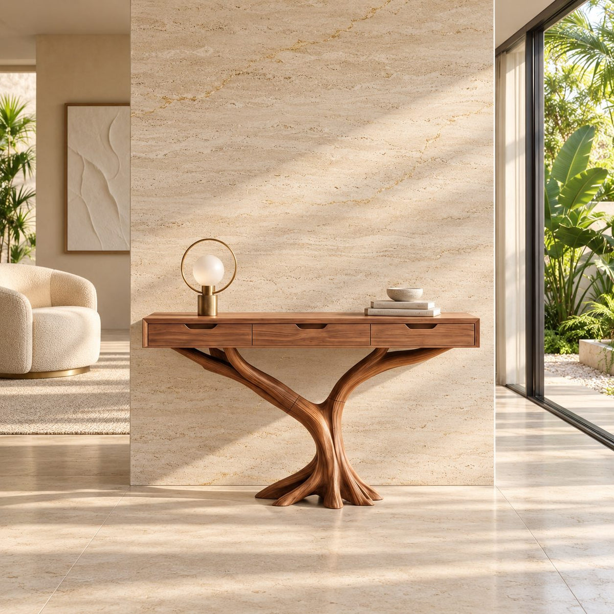 Console Table with Drawers on Y-Shaped Tree Branch Legs, Slim Solid Wood Entryway Table with Storage