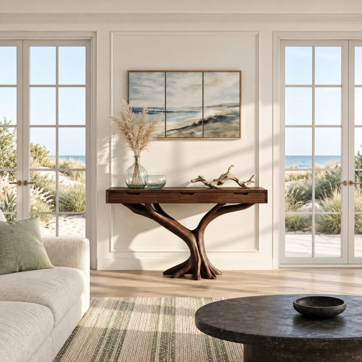 Console Table with Drawers on Y-Shaped Tree Branch Legs, Slim Solid Wood Entryway Table with Storage