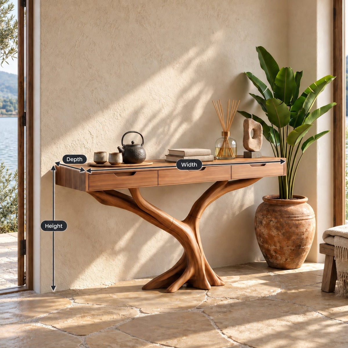 Console Table with Drawers on Y-Shaped Tree Branch Legs, Slim Solid Wood Entryway Table with Storage