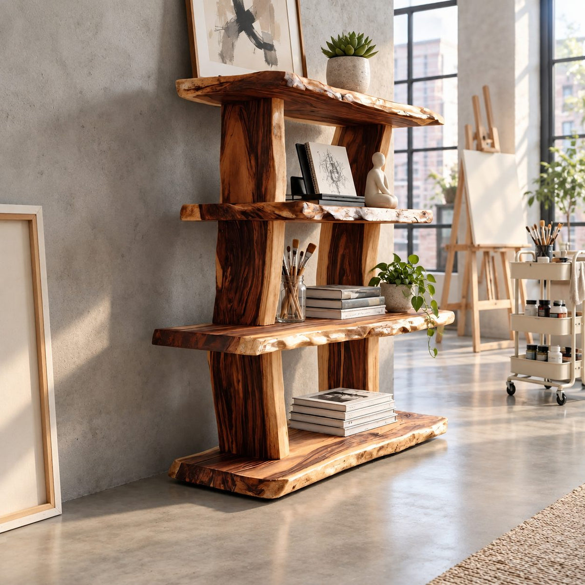 Rustic Live Edge Bookcase, 4 Tier Solid Wood Open Bookshelf with Raw Slab Posts for Living Room