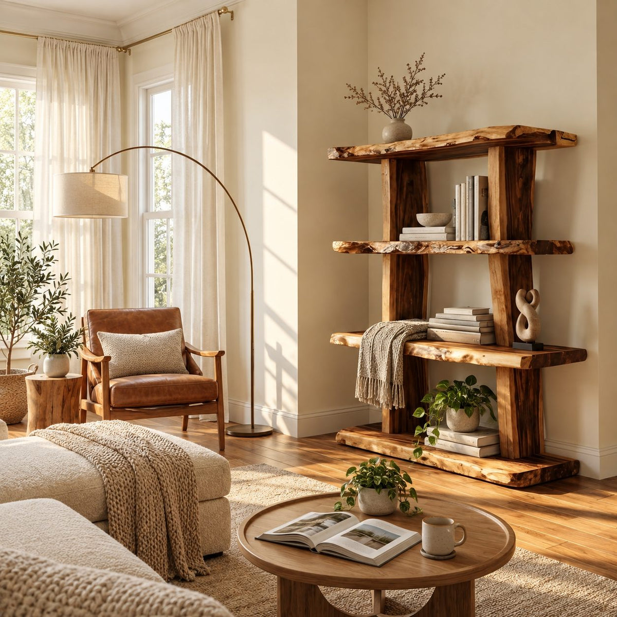 Rustic Live Edge Bookcase, 4 Tier Solid Wood Open Bookshelf with Raw Slab Posts for Living Room