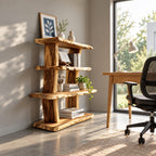 Rustic Live Edge Bookcase, 4 Tier Solid Wood Open Bookshelf with Raw Slab Posts for Living Room