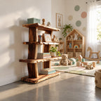 Rustic Live Edge Bookcase, 4 Tier Solid Wood Open Bookshelf with Raw Slab Posts for Living Room