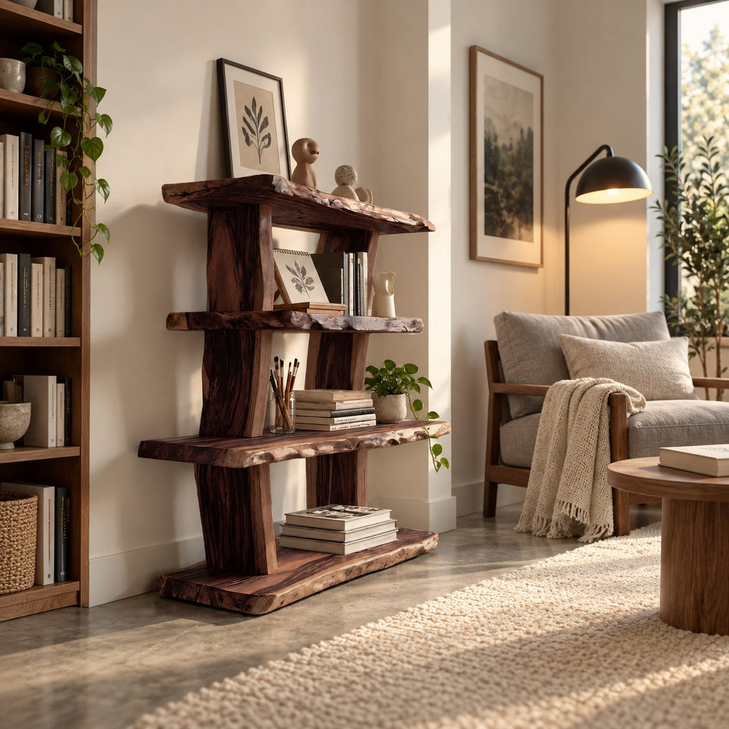 Rustic Live Edge Bookcase, 4 Tier Solid Wood Open Bookshelf with Raw Slab Posts for Living Room