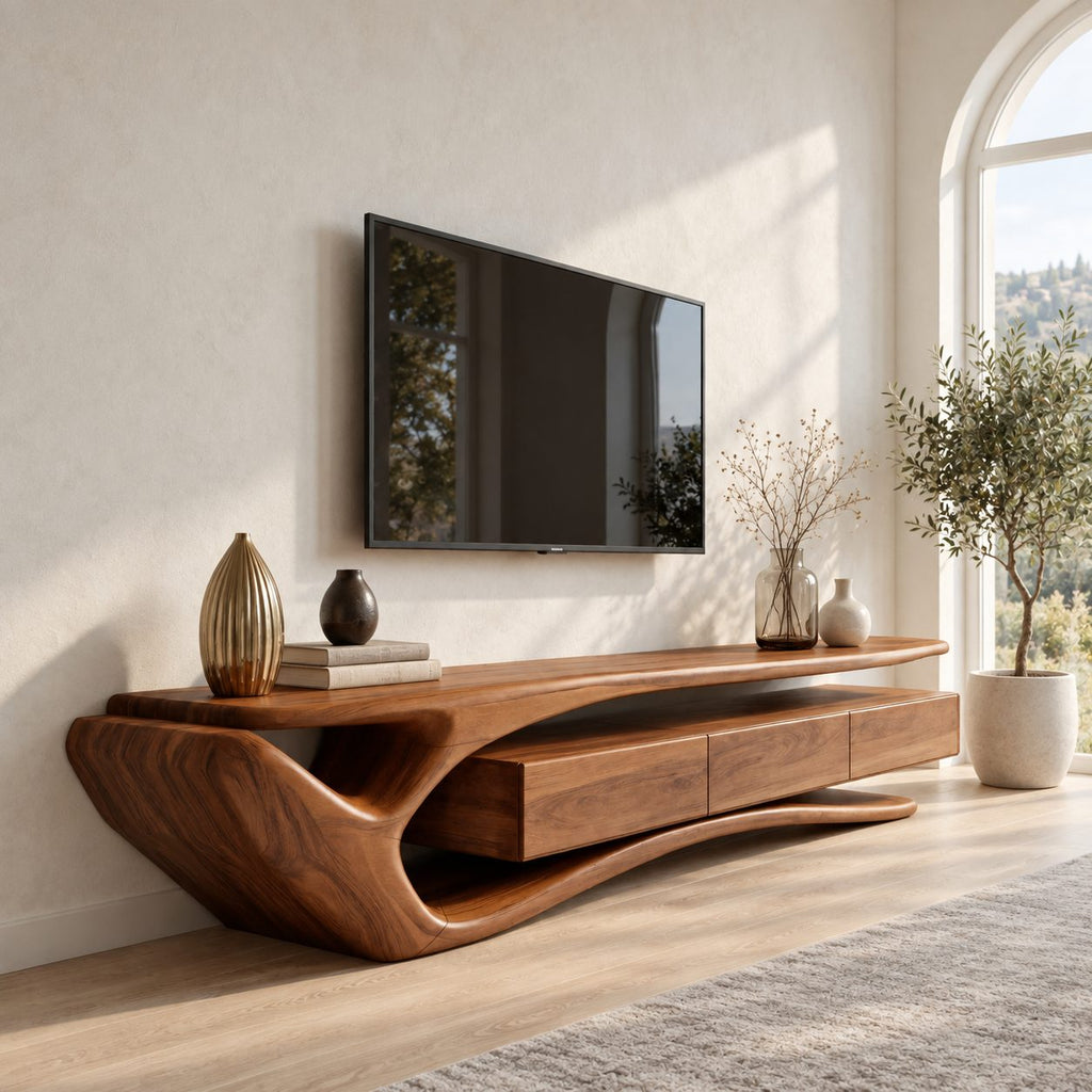 Sculptural Curved TV Stand with Flowing Loop End and Drawers, Solid Wood Organic Media Console