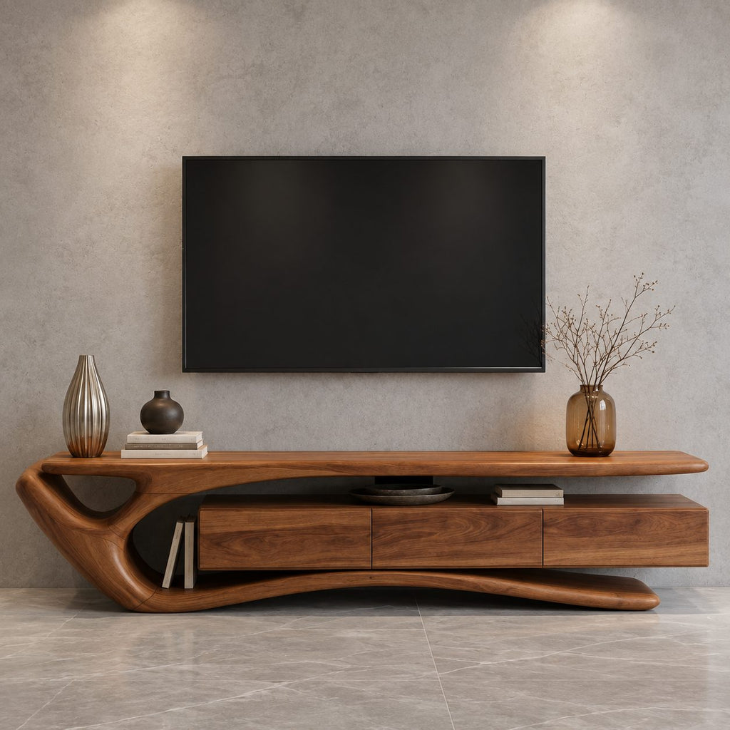 Sculptural Curved TV Stand with Flowing Loop End and Drawers, Solid Wood Organic Media Console