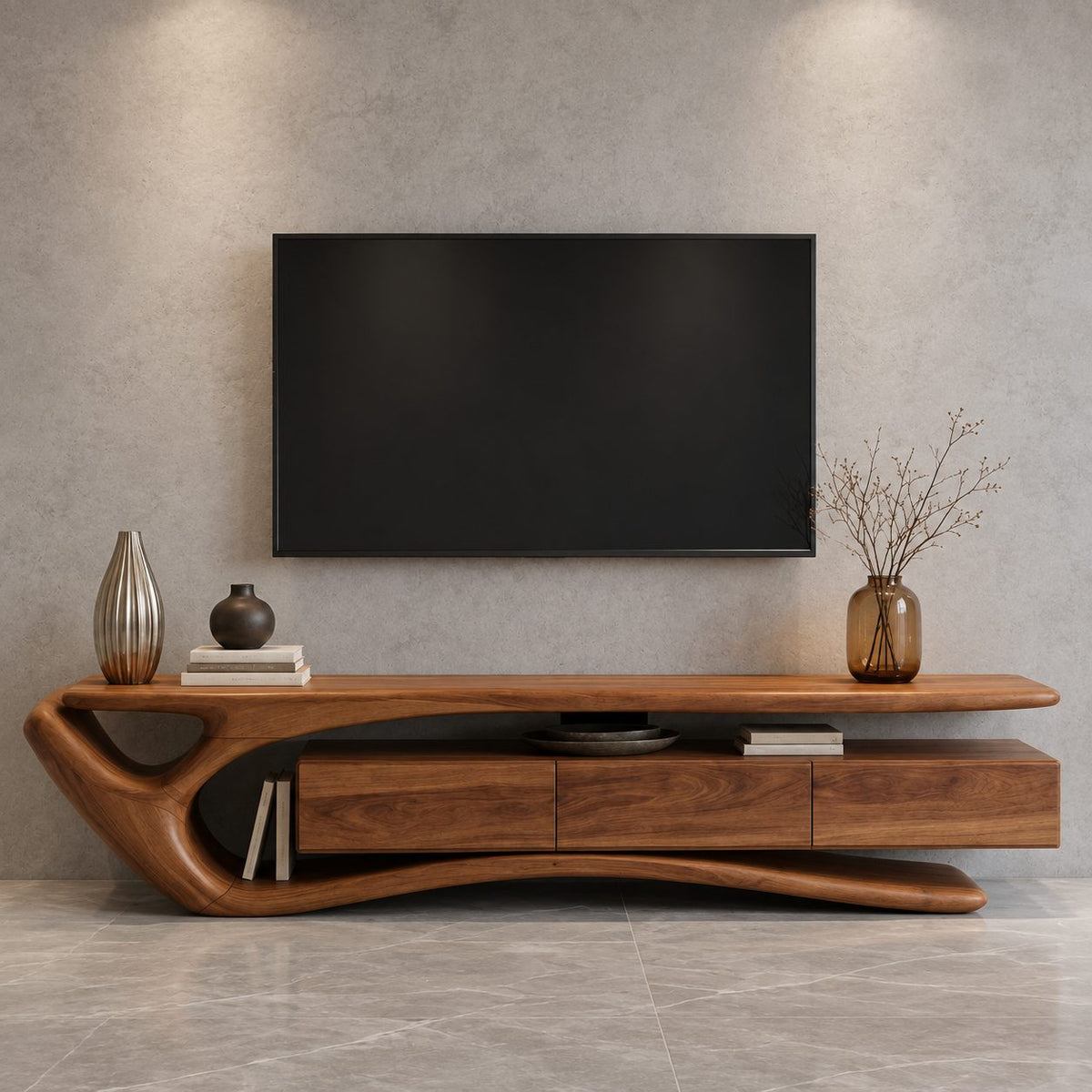 Sculptural Curved TV Stand with Flowing Loop End and Drawers, Solid Wood Organic Media Console