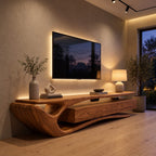 Sculptural Curved TV Stand with Flowing Loop End and Drawers, Solid Wood Organic Media Console