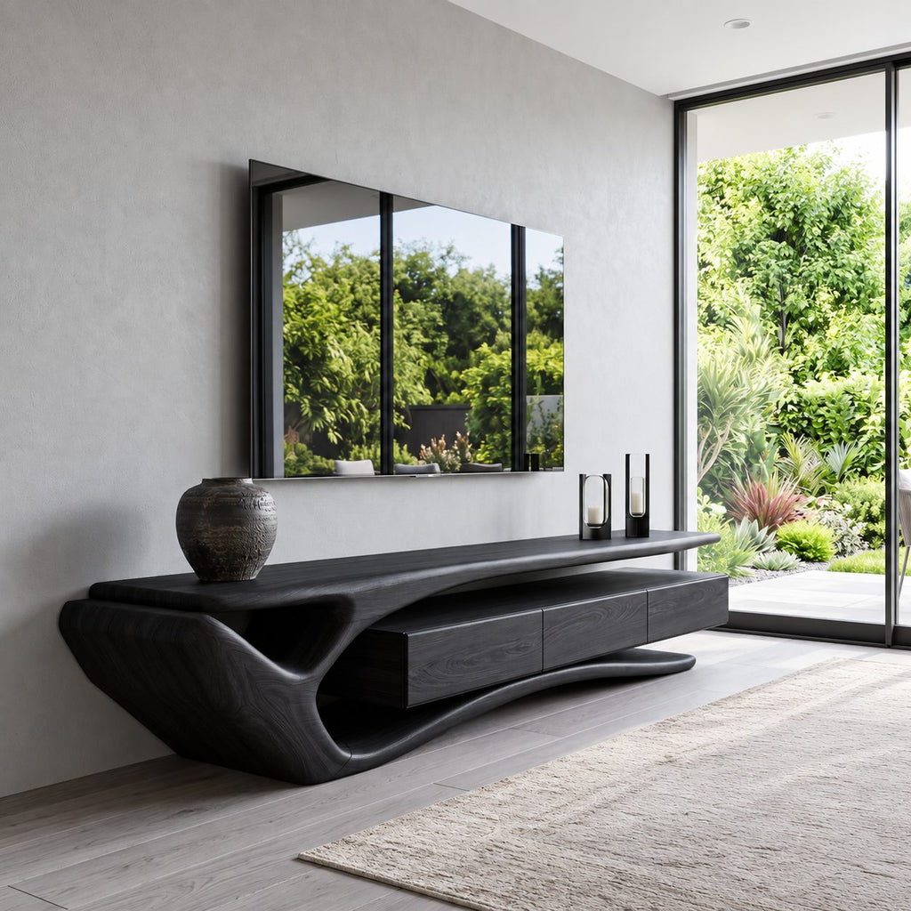 Sculptural Curved TV Stand with Flowing Loop End and Drawers, Solid Wood Organic Media Console