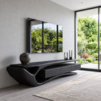 Sculptural Curved TV Stand with Flowing Loop End and Drawers, Solid Wood Organic Media Console