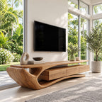Sculptural Curved TV Stand with Flowing Loop End and Drawers, Solid Wood Organic Media Console