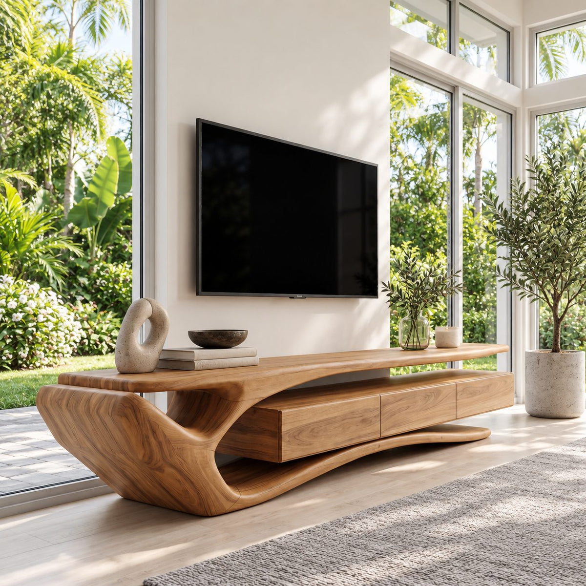 Sculptural Curved TV Stand with Flowing Loop End and Drawers, Solid Wood Organic Media Console