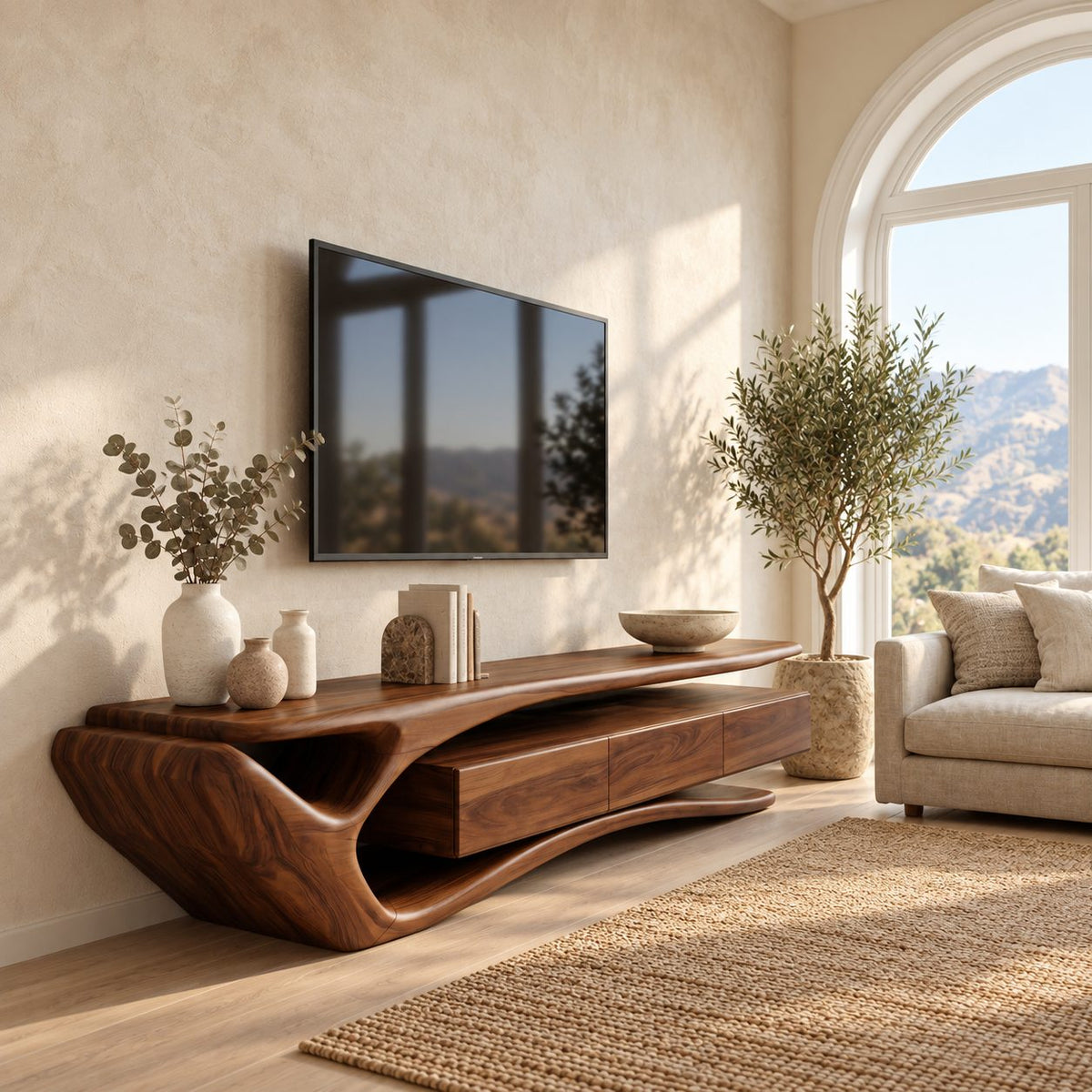 Sculptural Curved TV Stand with Flowing Loop End and Drawers, Solid Wood Organic Media Console