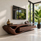 Sculptural Curved TV Stand with Flowing Loop End and Drawers, Solid Wood Organic Media Console