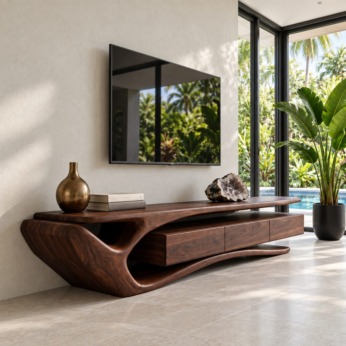 Sculptural Curved TV Stand with Flowing Loop End and Drawers, Solid Wood Organic Media Console