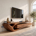 Sculptural Curved TV Stand with Flowing Loop End and Drawers, Solid Wood Organic Media Console