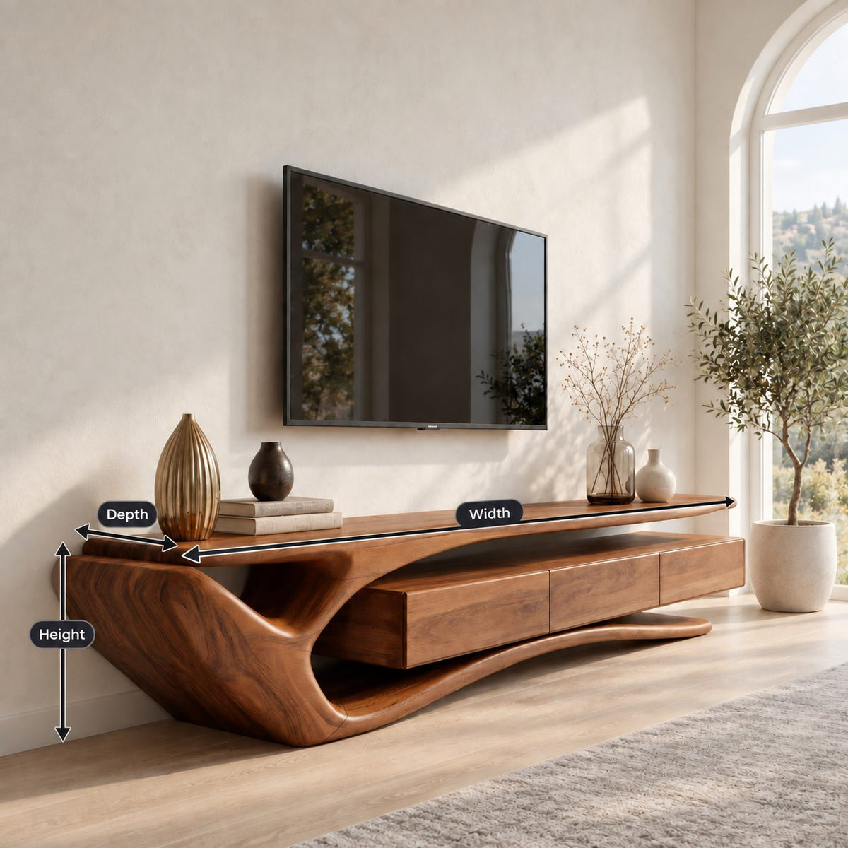 Sculptural Curved TV Stand with Flowing Loop End and Drawers, Solid Wood Organic Media Console