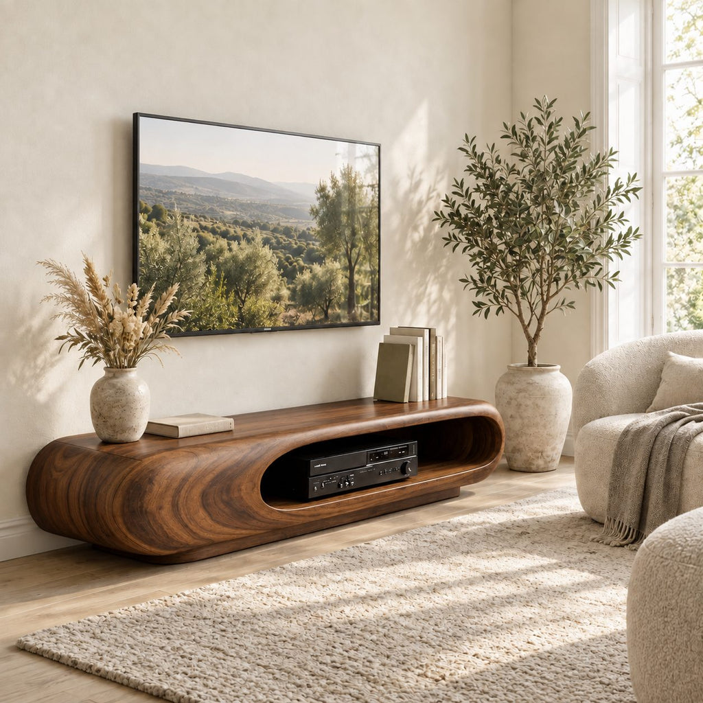 Rounded Capsule TV Stand, Low Solid Wood Media Console with Open Oval Slot for Receiver and Players