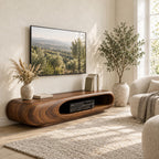 Rounded Capsule TV Stand, Low Solid Wood Media Console with Open Oval Slot for Receiver and Players