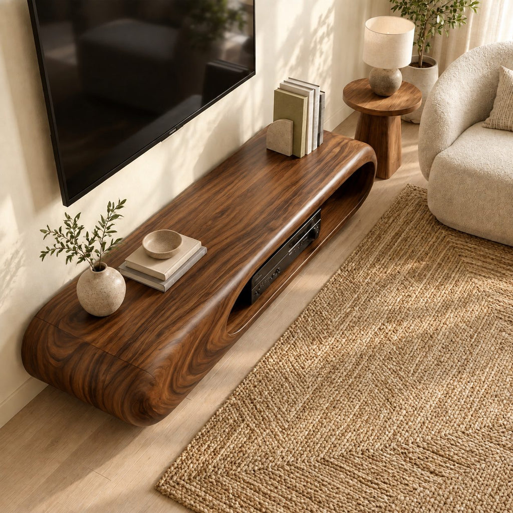 Rounded Capsule TV Stand, Low Solid Wood Media Console with Open Oval Slot for Receiver and Players