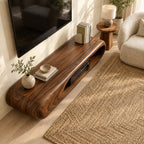 Rounded Capsule TV Stand, Low Solid Wood Media Console with Open Oval Slot for Receiver and Players