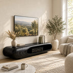 Rounded Capsule TV Stand, Low Solid Wood Media Console with Open Oval Slot for Receiver and Players