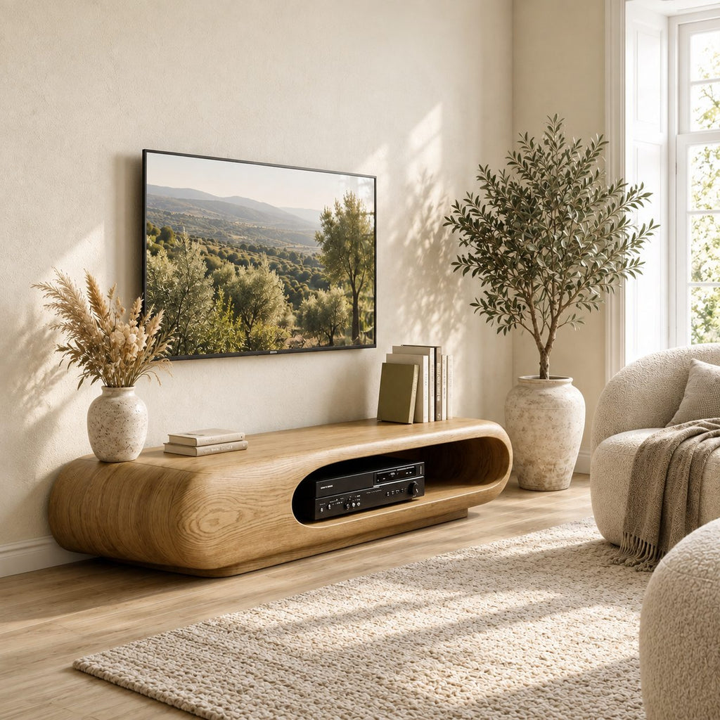 Rounded Capsule TV Stand, Low Solid Wood Media Console with Open Oval Slot for Receiver and Players