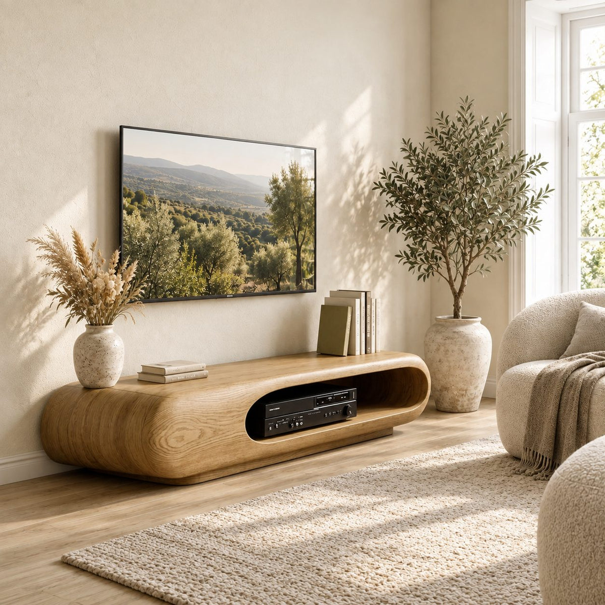 Rounded Capsule TV Stand, Low Solid Wood Media Console with Open Oval Slot for Receiver and Players