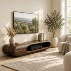 Rounded Capsule TV Stand, Low Solid Wood Media Console with Open Oval Slot for Receiver and Players