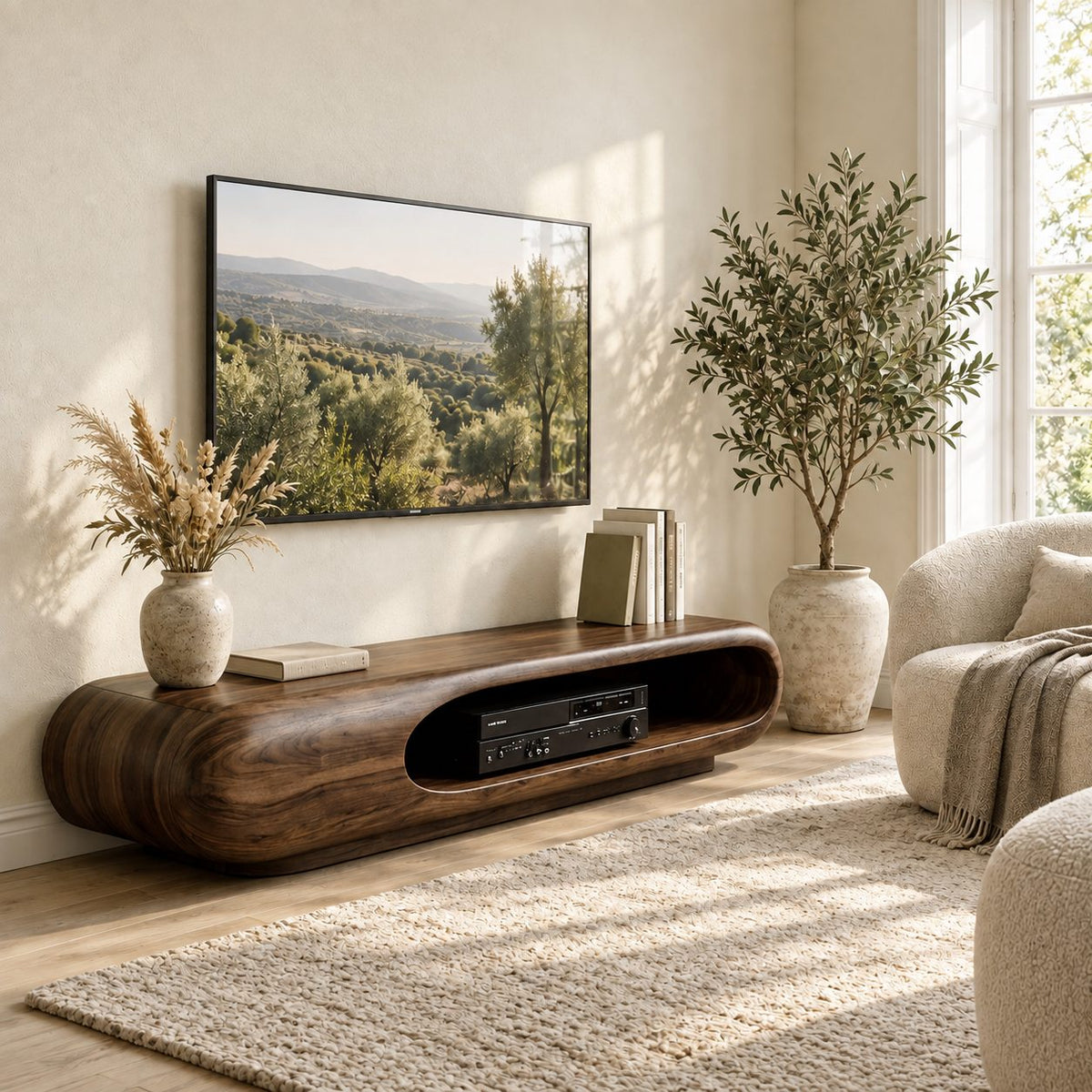 Rounded Capsule TV Stand, Low Solid Wood Media Console with Open Oval Slot for Receiver and Players