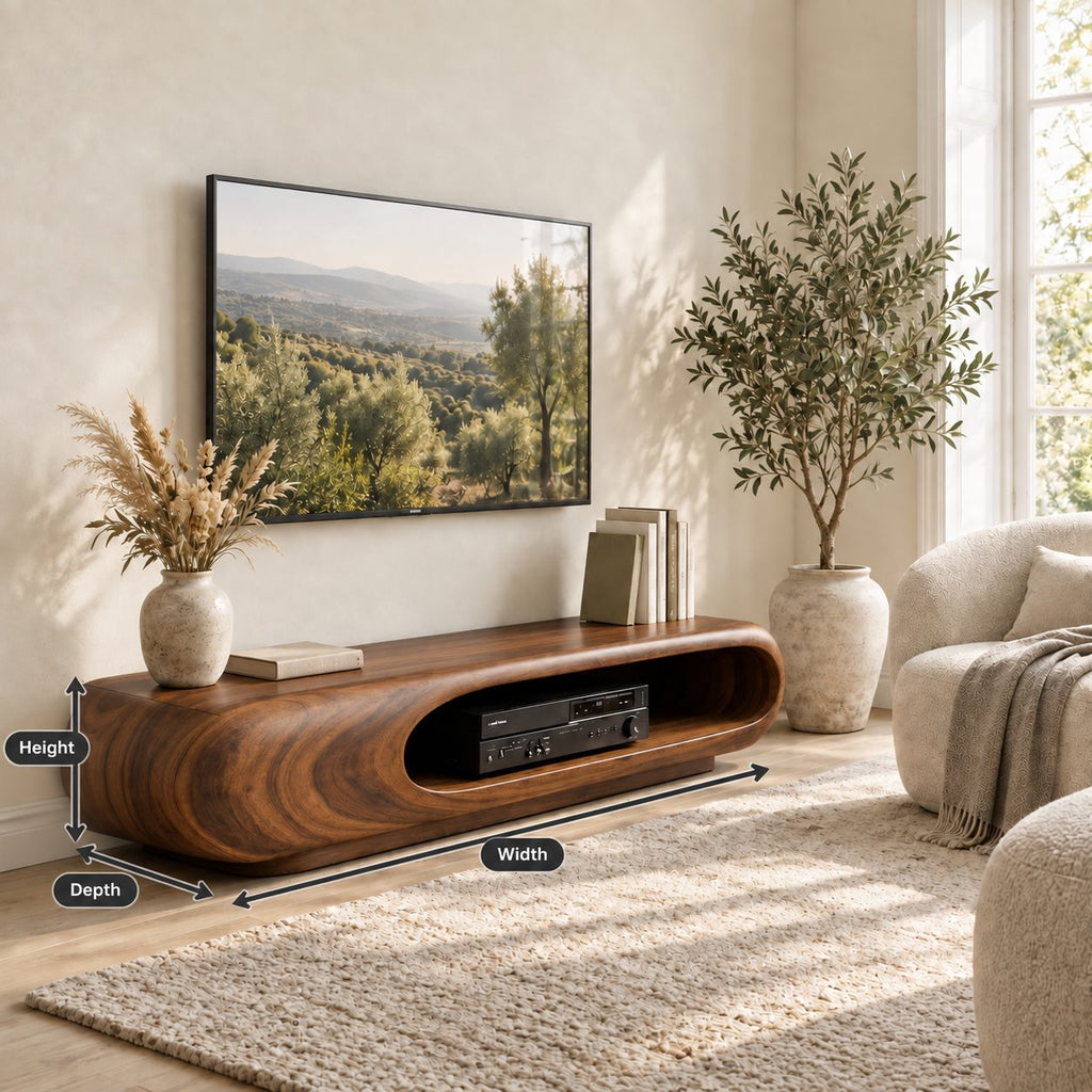 Rounded Capsule TV Stand, Low Solid Wood Media Console with Open Oval Slot for Receiver and Players