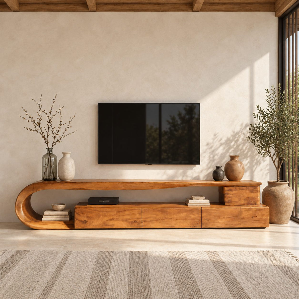 C Loop TV Console with Drawers, Solid Wood Curved Media Cabinet with Open Shelf and Bent Wood End